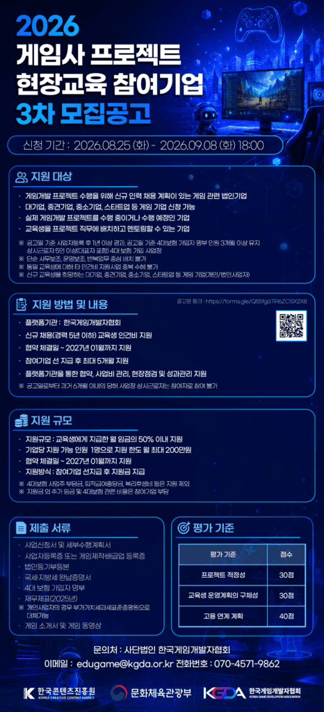 Korea Game Developer Association Opens 3rd Recruitment Round for Game Studios Participating in On-Site Training
